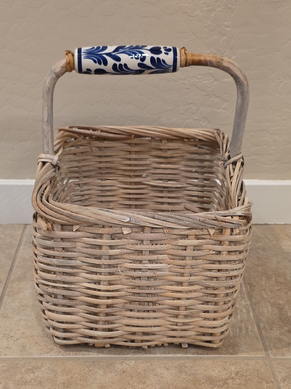 Wicker Woven Square Basket With Hand Painted Ceramic Handle
